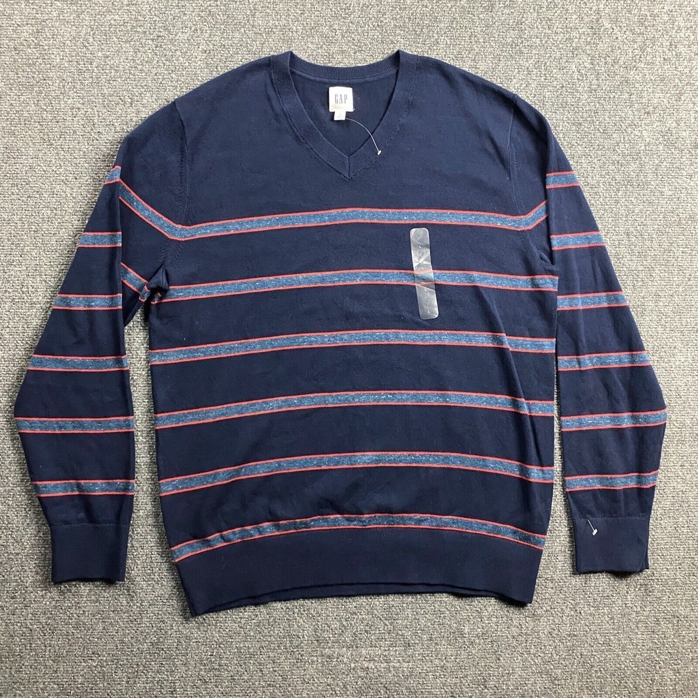 Gap Sweater Men's Large Blue Striped V-Neck Pullover Cotton NWT‎